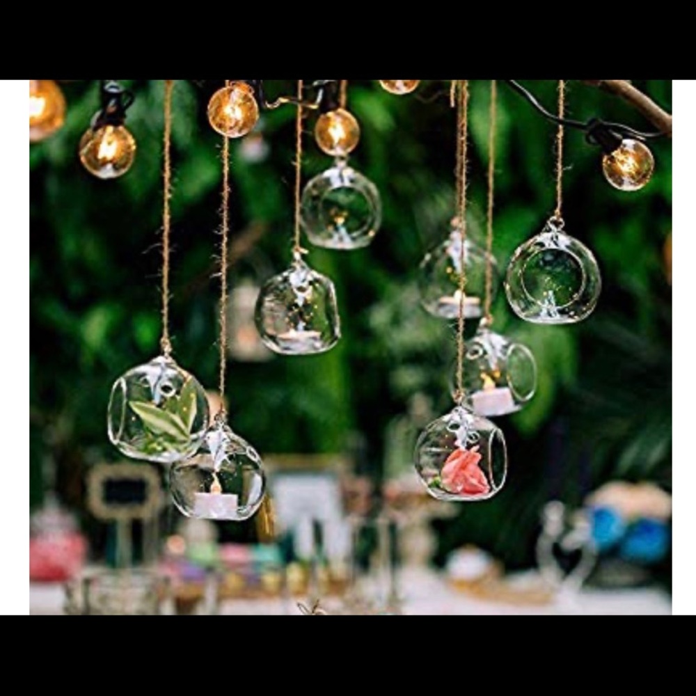 Set of 6 hanging tea light glass globe terrarium